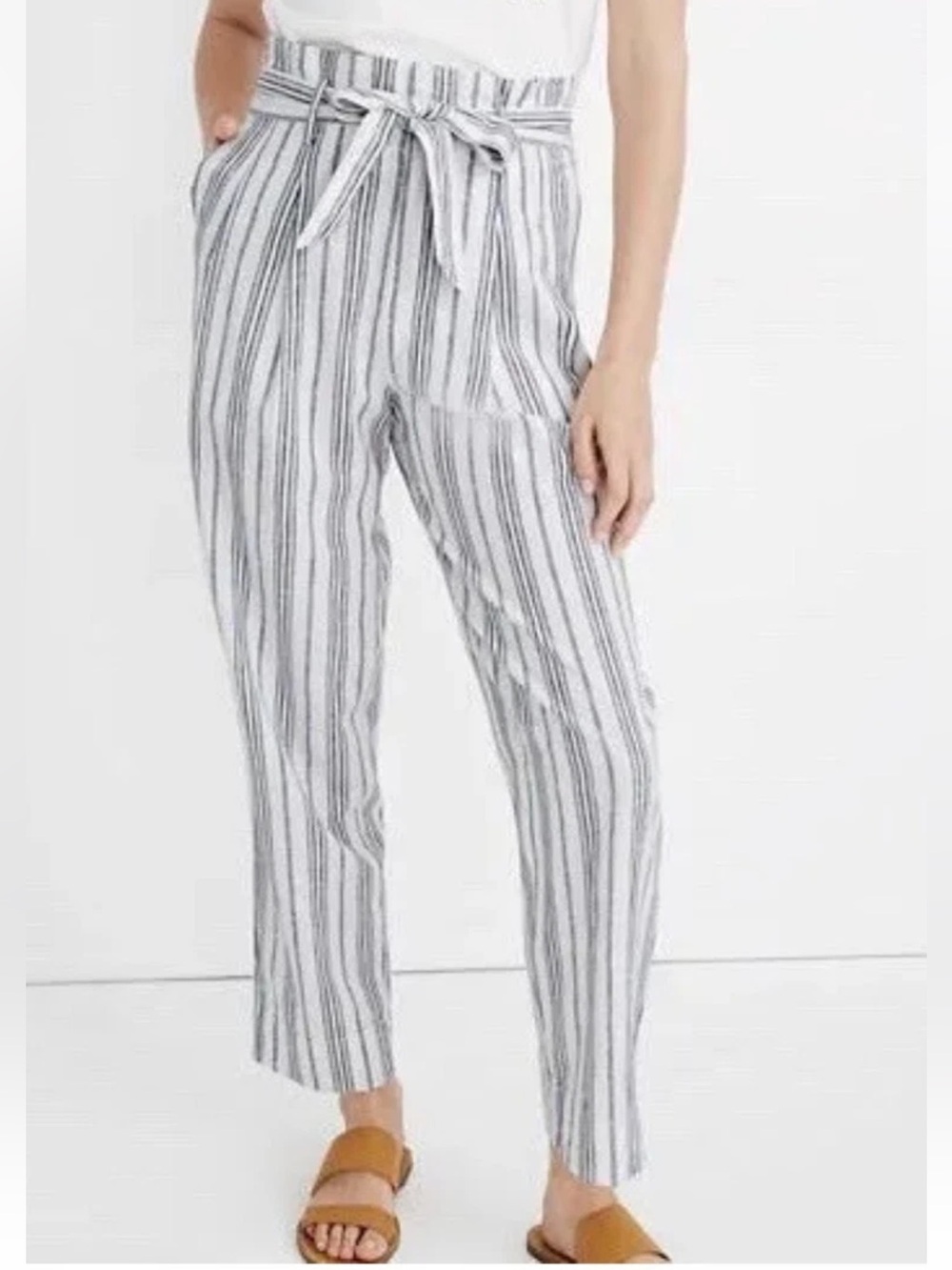 Madewell Linen/Cotton Blend Paperbag Pants, Dark Baltic Stripe, Size 4